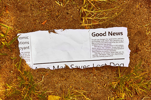 Simulated newspaper clipping featuring an article about the public wanting to see more good news in the media. Text was written from scratch by the photographer (an experienced journalist), who also did the design, so this image is free of third-party copyright and may be used without restrictions.