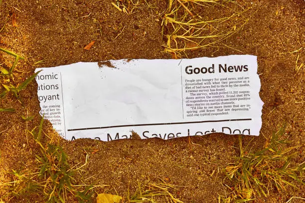 Photo of More good news, please, survey finds in article torn from newspaper. Blank space for your copy