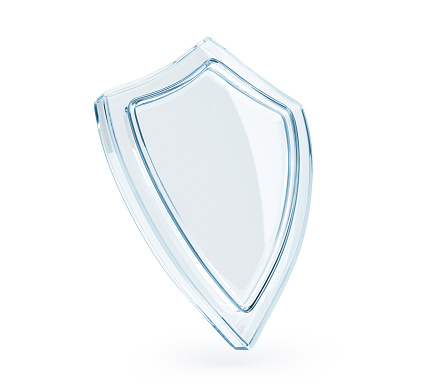 Glass transparent shield 3d render. Concept of safety and security. Mockup of blank blue glass panel of acrylic or plexiglass with reflection isolated on white background side view, 3D illustration