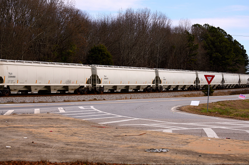 Train moving along the railway tracks at Georgia, USA.