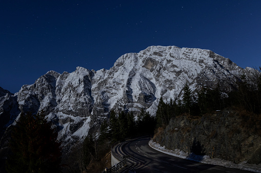 Winter night shot of the Rossfeld mountain panoramic road, Berchtesgaden, Germany