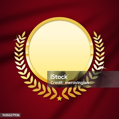 istock Gold medal with laurel wreath vector illustration on red wavy curtain background 1455527936