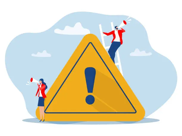 Vector illustration of Two business people holding megaphone with important announcement. Attention or warning information By standing near exclamation sign. Marketing and advertising alert and beware concept