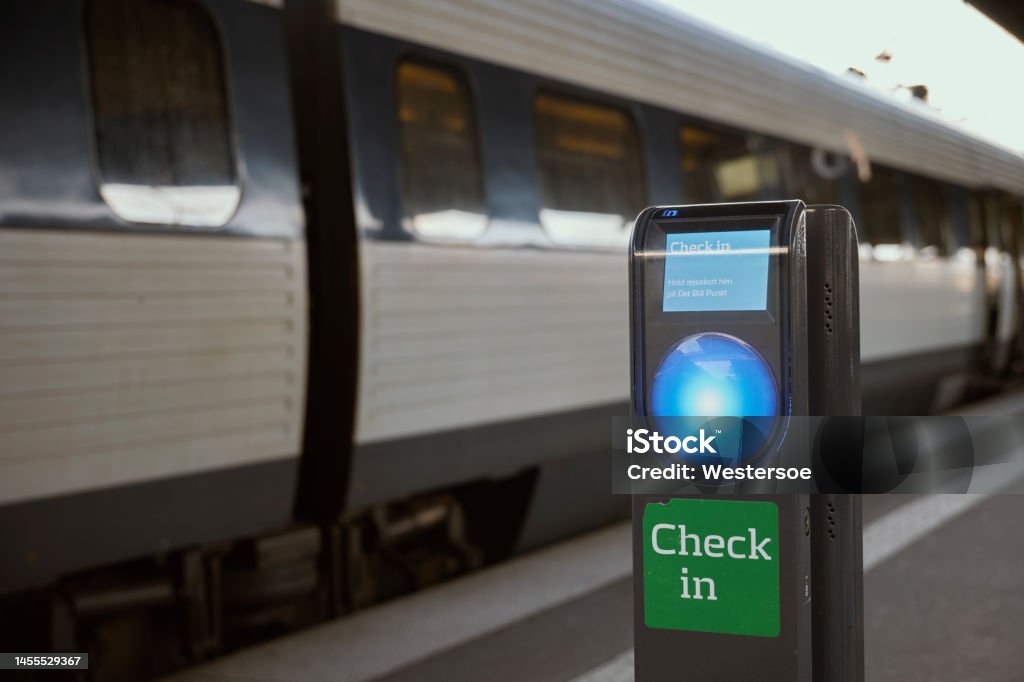 Check in machine at railway Automatic check in for passengers before entering the train Blue Stock Photo