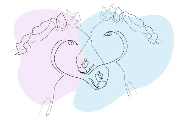Vector illustration of Two horse muzzles, a linear drawing on a background of light colored spots