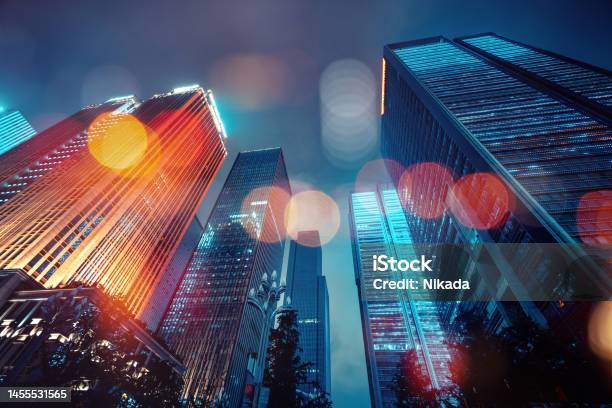Cityskyscraper With Light Bokeh Stock Photo - Download Image Now - City, Big Data, Skyscraper