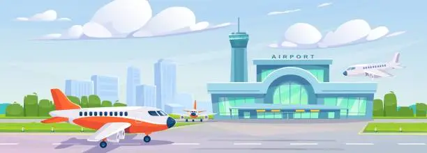 Vector illustration of Landscape view of an airport building and an airplane taking off a runway