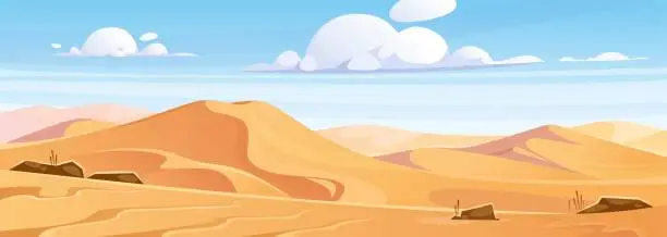 Vector illustration of Landscape view of a desert with sandy dunes in cartoon style