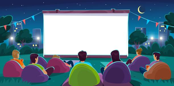Open air cinema with people sitting on a lawn watching a movie on a big screen Open air cinema with people sitting on a lawn watching a movie on a big white projector screen. Friends on a movie night with popcorn in a park outside a city. Cartoon style vector illustration. movie-theater-exterior stock illustrations