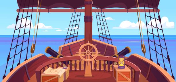 ステアリングホイール、カノン、マストを備えた船のデッキビュー。海賊ゲームの背景 - helm nautical vessel sailing ship sailing点のイラスト素材／クリップアート素材／マンガ素材／アイコン素材