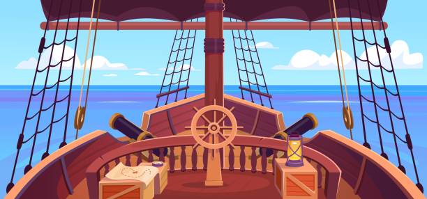 Ship deck view with a steering wheel, canons and a mast. Pirate game background Ship deck view with a steering wheel, canons, and a mast with black sails. Pirate game background. Captain's place with helm, treasure map, lantern and compass. Cartoon style vector illustration. old ship cartoon stock illustrations