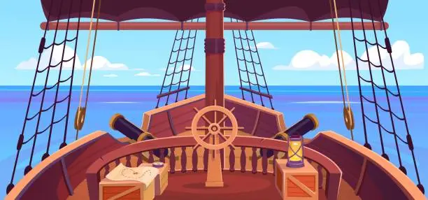 Vector illustration of Ship deck view with a steering wheel, canons and a mast. Pirate game background