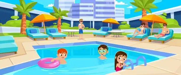 Vector illustration of Kids swim in a hotel swimming pool in summer. Family vacation on a resort