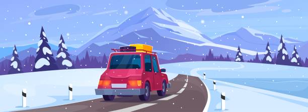 Landscape view of a car on a road trip in winter. Travel to the mountains Landscape view of a car on a road trip in winter. Family travel to the mountains for a vacation on holidays. Journey on a ski and snowboarding season. Cartoon style vector illustration. winter travel stock illustrations