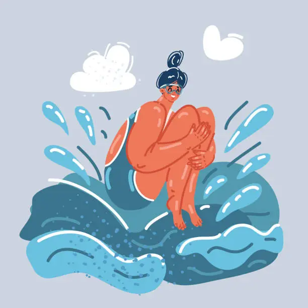 Vector illustration of Cartoon illustration of Female swimmer above crashing surf