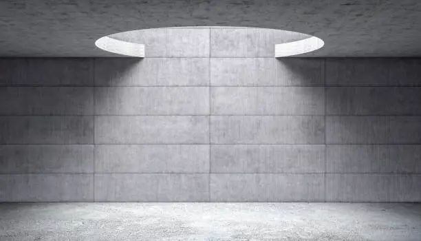abstract concrete interior with large circular opening on the ceiling. 3d render