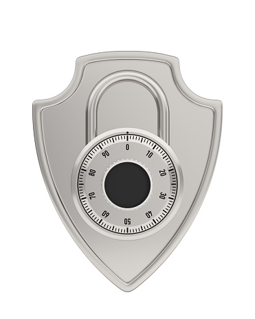 Shield with combination padlock on white background. Isolated 3d illustration