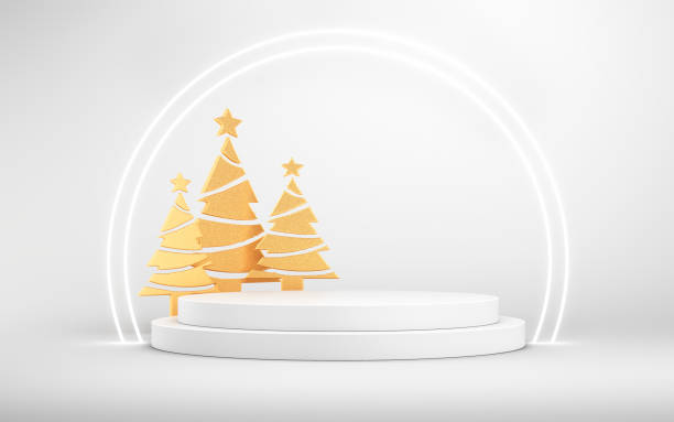 istock New Year Concept with Yellow Christmas Tree, White Podium Spotlight 1455534825