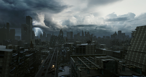 Digitally generated post apocalyptic scene depicting high angle view of  a desolate urban landscape with buildings in ruins and cloudy sky.

The scene was created in Autodesk® 3ds Max 2023 with V-Ray 6 and rendered with photorealistic shaders and lighting in Chaos® Vantage with some post-production added.