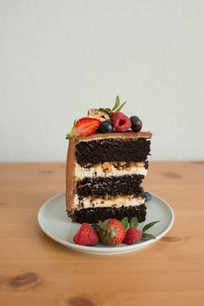 istock A piece of cake decorated with berries on a plate 1455535459