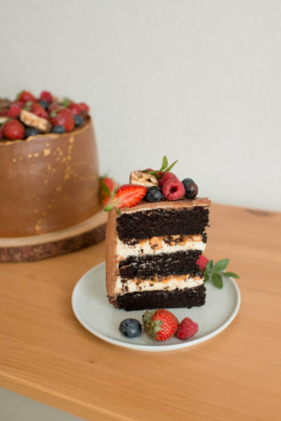 istock A piece of cake decorated with berries on a plate 1455535487