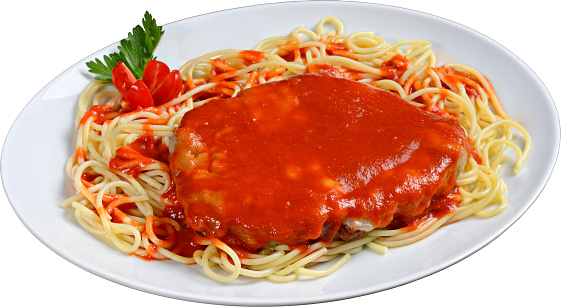 Filet Parmigiana with tomato sauce and pasta in white bowl on wooden table. Popular dish in Brazil