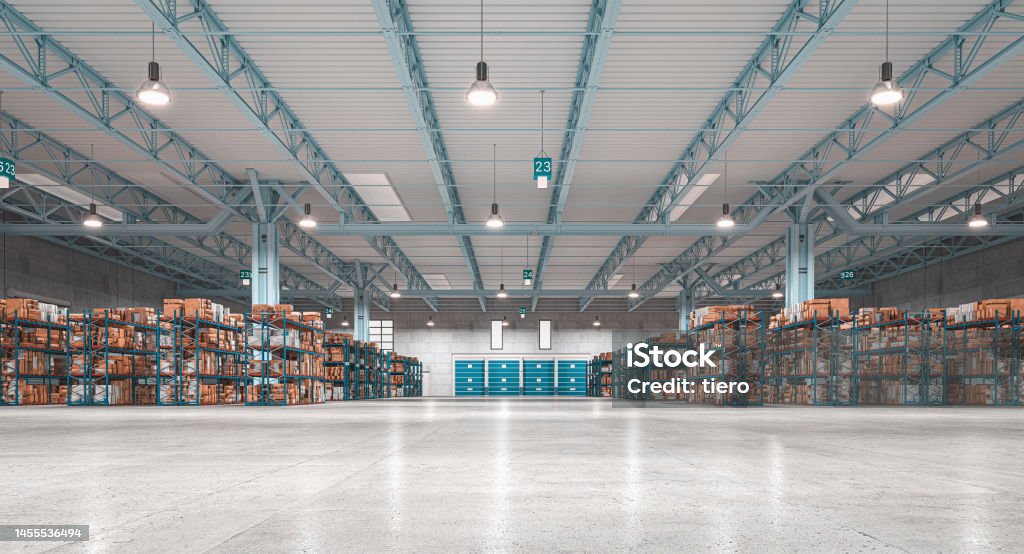 industrial interior, warehouse with goods and shelves. industrial interior, warehouse with goods and shelves. 3d render Warehouse Stock Photo