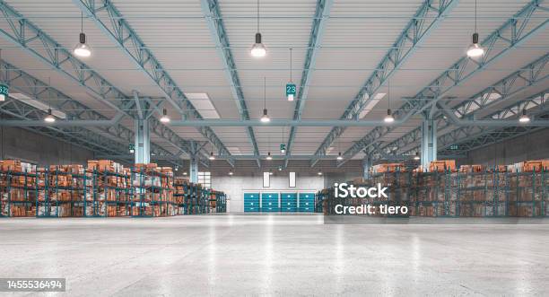 Industrial Interior Warehouse With Goods And Shelves Stock Photo - Download Image Now