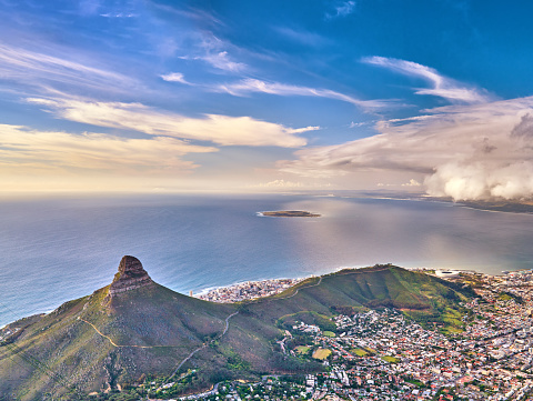 Aerial view of Cape Town (and Sea Point), Lionâs Head and Signal Hill.  View from Table Mountain, South Africa