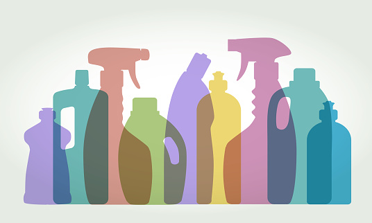 Colourful overlapping silhouettes of Cleaning Products. Cleaning Product, single use, Laundry Detergent, domestic, Dishwashing Detergent, Spray Bottle, Laundry, Domestic Life,