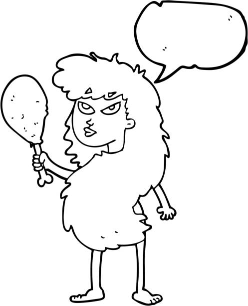freihändig gezeichnete sprechblase karikatur höhlenfrau mit fleisch - verrückte dame mit schwein stock-grafiken, -clipart, -cartoons und -symbole
