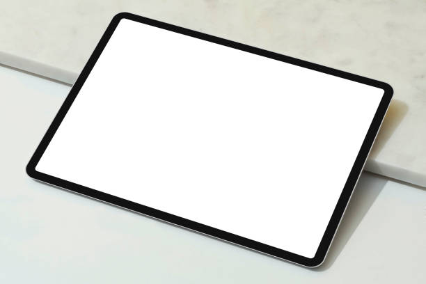 istock Modern digital tablet pc with blank white screen isolated on white floor background 1455538566