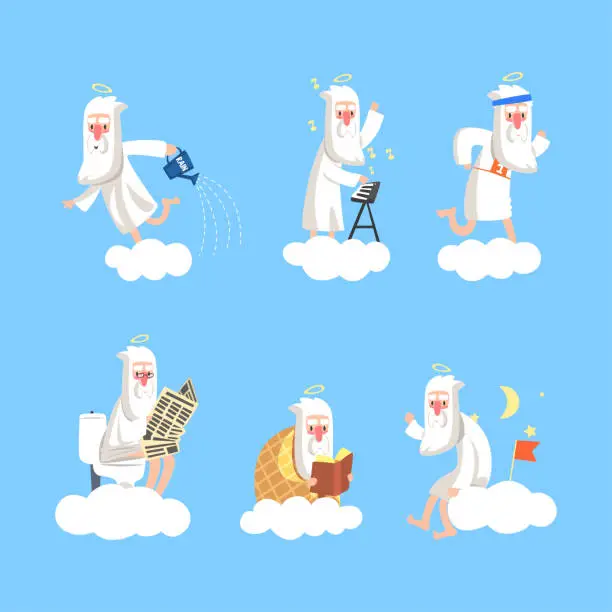 Vector illustration of God Character with White Beard and Halo Creating in Heaven on Fluffy Cloud Vector Set
