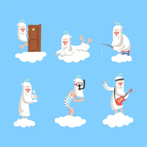 Vector illustration of God Character with White Beard and Halo Creating in Heaven on Fluffy Cloud Vector Set