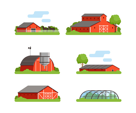 Red Timbered Farm Building and Infrastructure Rested on Green Lawn Vector Set. Agricultural and Countryside Construction Concept