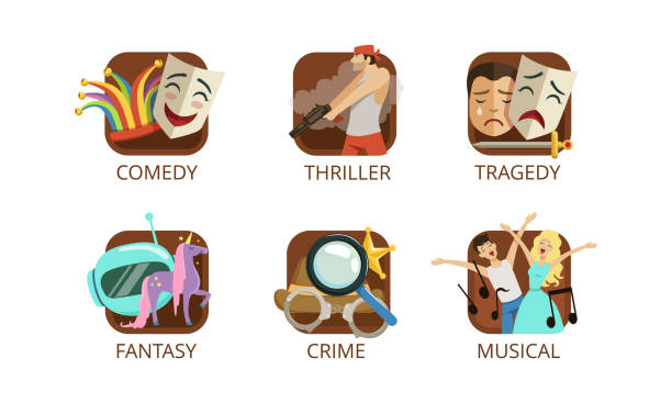 Movie Genre with Comedy, Thriller, Tragedy, Fantasy, Crime and Musical Image Vector Set Movie Genre with Comedy, Thriller, Tragedy, Fantasy, Crime and Musical Image Vector Set. Film amd Cinema Motion Picture Type thriller film genre stock illustrations