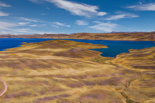 Aerial view of the Laguna Lagunillas in Puno District, Peru, a wildlife area home to flamingos and other birds. The lagoon is located at an altitude of 4400 meters in the Peruvian Andes. stock photo