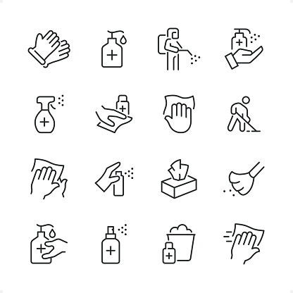 Disinfection and Cleaning icons set #34 

Specification: 16 icons, 64×64 pх, editable stroke weight! Current stroke 2 pt. 

Features: pixel perfect, unicolor, editable stroke weight, thin line. 

First row of  icons contains:
Protective glove, Liquid disinfectant dispenser, Man in Disinfection Protective Suite, Antiseptic Spray (Hand Sanitizer);

Second row contains: 
Disinfectant Spray, Disinfection dusting, Cleaning icon, Cleaning Floor;

Third row contains: 
Wipe hands with napkin, Hand with spray, Paper napkins in box, Broom; 

Fourth row contains: 
Liquid Hand Sanitizer, Hand Sanitizer, Cleaning and Disinfection, Dusting icon.

Complete Cubico collection — https://www.istockphoto.com/uk/collaboration/boards/_R8CZuIXmUiUCIbekezhFA