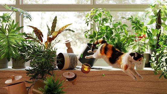 Calico cat jumping off of a window sill, knocking over plants and pottery