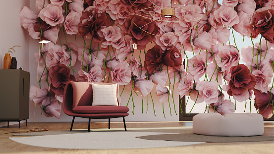 A modern room with paper flower curtain