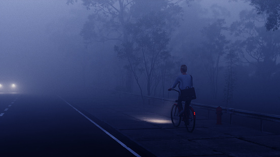 Woman riding a bicycle in the fog at night. All objects in the scene are 3D