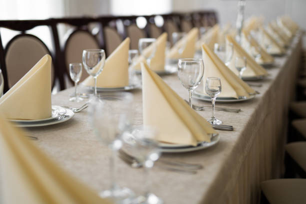 istock empty goblets and other cutlery are served on the festive table. 1455545459