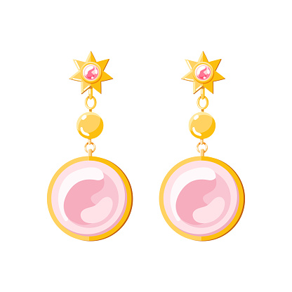 Gold earring with pink gemstone isolated on beige background. Modern luxury woman jewelry accessories vector flat illustration