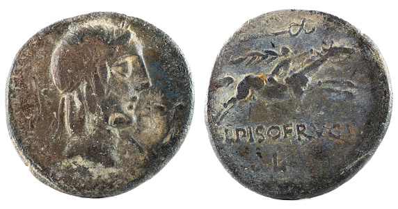 Roman Republic Coin. Ancient Roman silver denarius of the family Calpurnia.