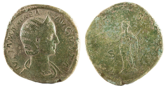 Ancient Roman bronze sertertius coin of Empress Julia Mamaea.