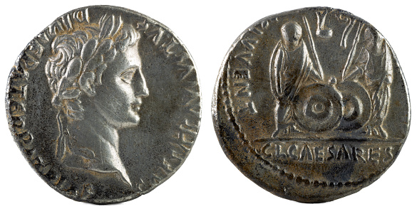 Ancient Roman silver denarius coin of Emperor Augustus.