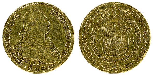 Ancient Spanish gold coin of King Carlos IV. With a value of 2 escudos and minted in Madrid. 1794.