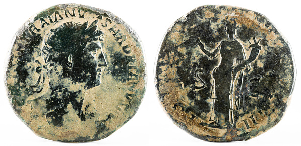 Ancient Roman bronze sertertius coin of Emperor Hadrian.