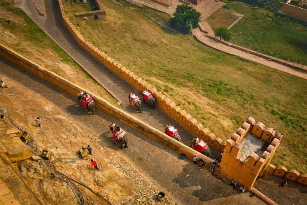 Tourists riding elephants on ascend to Amer fort AMER, INDIA - NOVEMBER 18, 2012: Tourists riding elephants on ascend to Amer (Amber) fort, Rajasthan, India. Amer fort is famous tourist destination and landmark elephant handler stock pictures, royalty-free photos & images