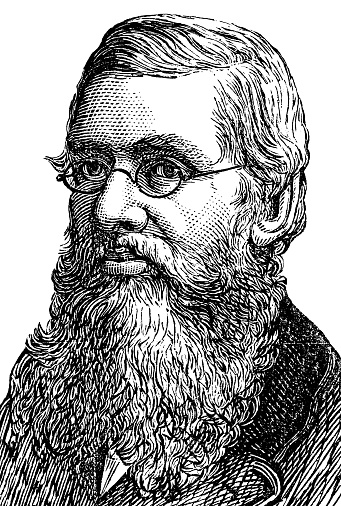 Portrait of Alfred Russel Wallace (1823–1913). Vintage etching circa 19th century.